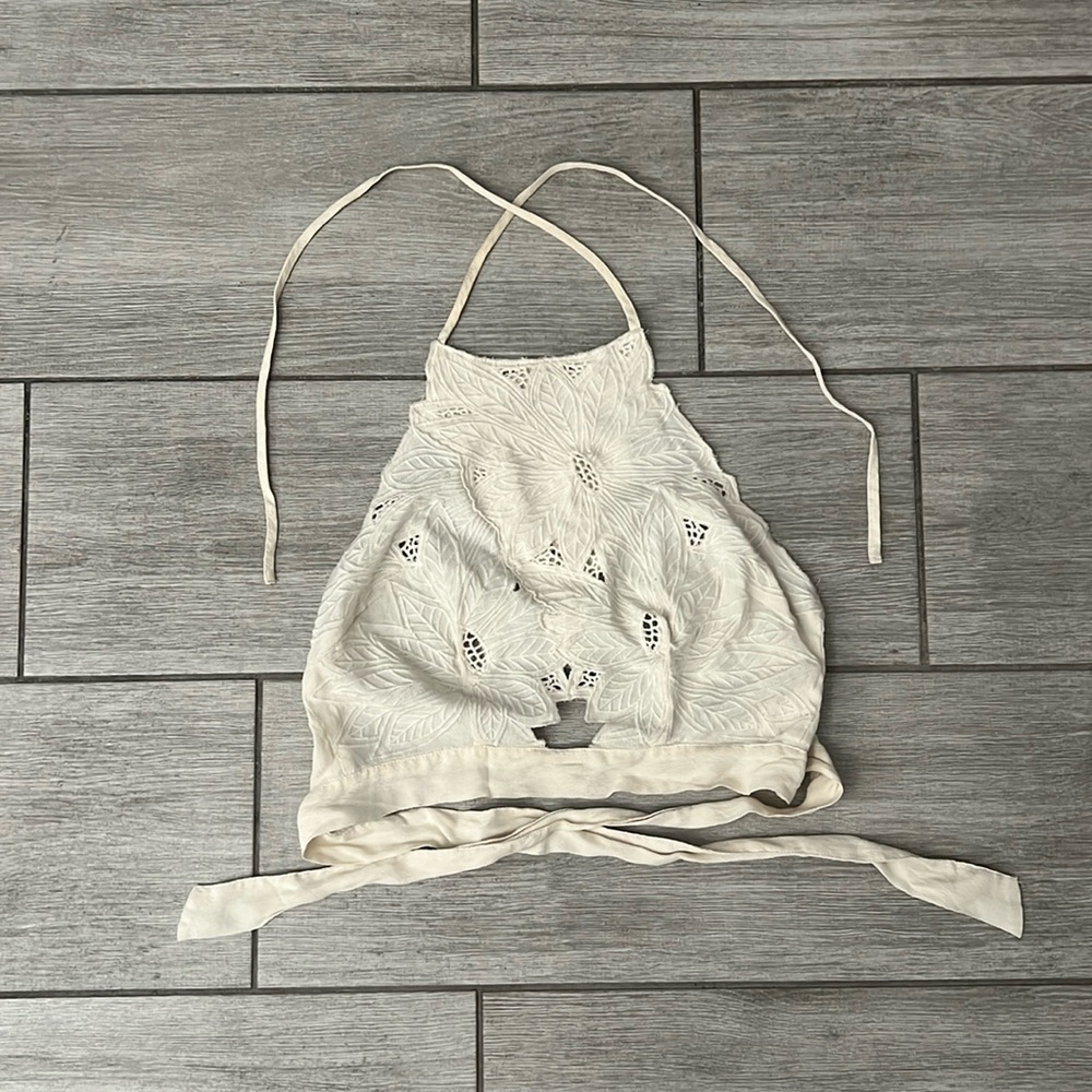 Astr Cream Crochet Halter Crop Top